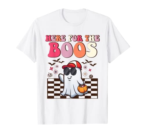 Retro Groovy Here For The Boos Ghost Halloween Divertido Camiseta