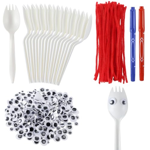 Relaxgiant 50 Set Fork Craft Kit DIY Disposable Creativity Sporks Red Pipe Cleaners Self Adhesive Wiggle Googly Eyes Make Your Own Craft Kit