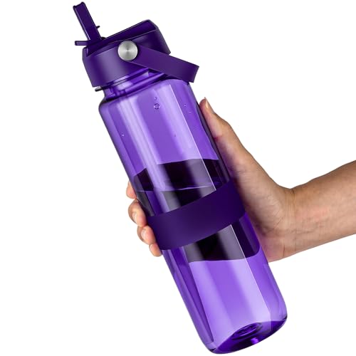 OLDLEY Frosted Clear Water Bottle with Straw, Tritan BPA Free,32oz Frosted Clear Water Bottle, Wide Mouth Leakproof, Valentines Day Gifts for him Her Birthday Gifts for Men Women 2026,M FrostedPurple