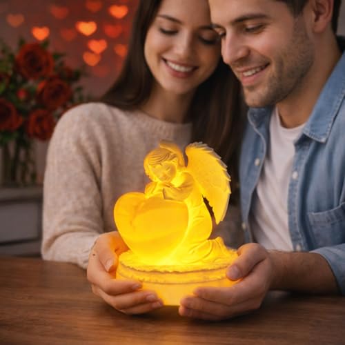Image of Angel Holding Heart Lamp with LED Tealight | 3D Printed Decorative Showpiece for Valentine Decor, Romantic Gifting & Home Display