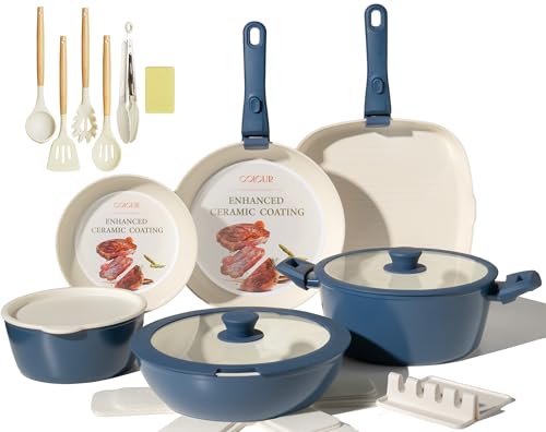Image of 23Pcs Ceramic Cookware Set Non Stick Pots and Pans Set Non Toxic with Detachable Handle Induction Kitchen Cookware Set Space Saving, Oven & Dishwasher Safe, Navy Blue