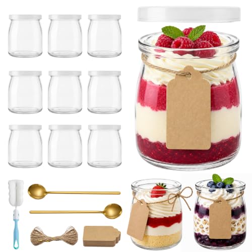 LILIXI 12 Piezas Tarros de Yogur con Tapa, 200 ml Vasos Yogurtera de Cristal Transparentes, Envases de Vidrio Reutilizables para Pudín, Postres, Mermelada, Miel, Avena (Transparente)
