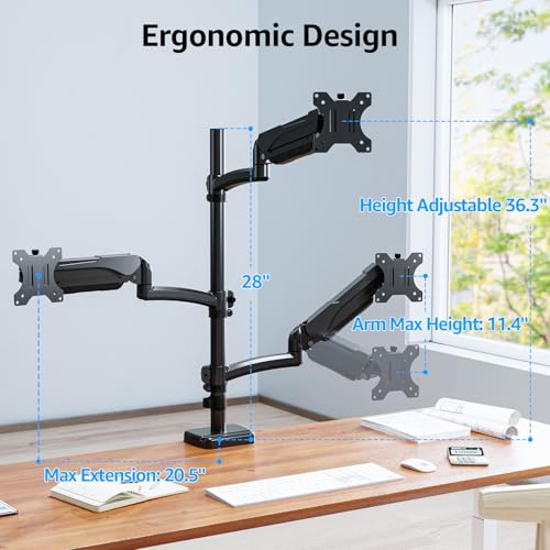 Image of MOUNTUP Triple Monitor Mount Fits Max 32 Inch Screen, Holds 4.4-17.6lbs, 3 Monitors Desk Mount, Triple Monitor Stand for Desk, Adjutable Arm with Clamp /Grommet Base, for Home Office, 75x75 /100x100