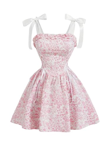 Image of Milumia Women's Floral Tie Shoulder Cami Dress Lace Up Side Vintage Flared Short Dresses