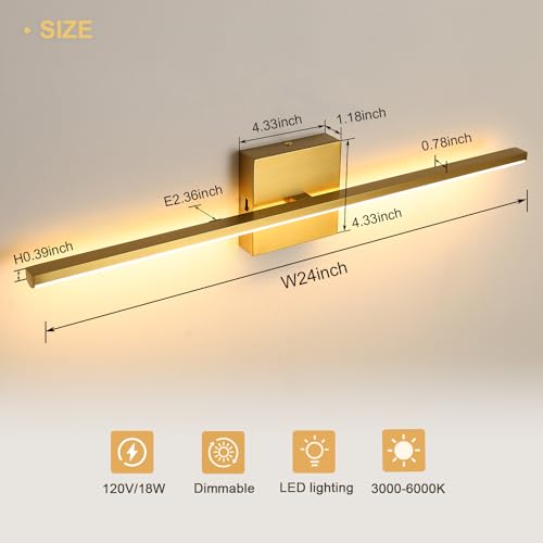 Image of Modern Bathroom Vanity Light 24 Inch, 18W Brushed Gold Bathroom Light Fixture Over Mirror, Dimmable 5CCT LED Wall Sconce Lighting for Restro