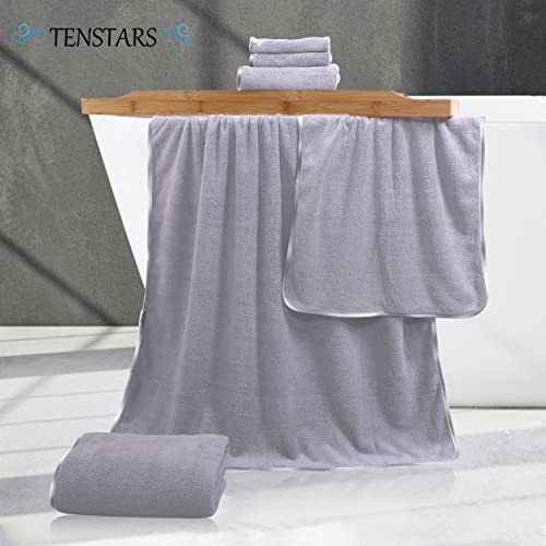 Tenstars TEN-SET-LIGHTGREY Luxury Silk Hemming Towel Set - Light Thin Quick Drying - 2 Bath Towels 2 Hand Towels 2 Washcloths thumb #1