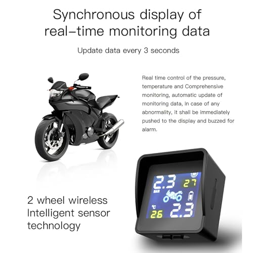 Diyeeni Motorrad-Reifendruckkontrollsystem Solar TPMS, LCD-Display mit Sechs Alarmmodi, Wasserdicht und Langlebig für Motorradroller