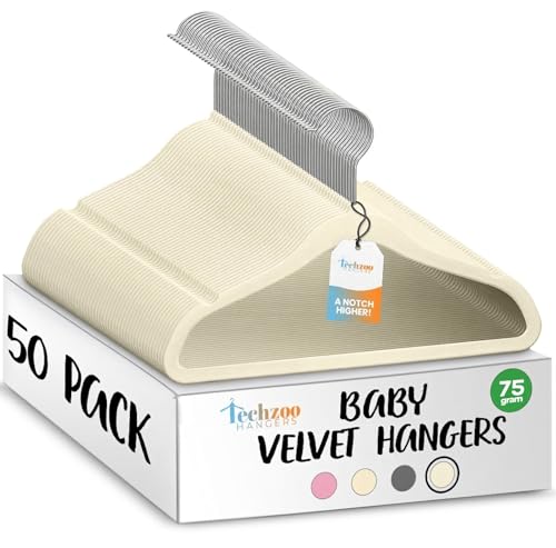 Image of TechZoo 50 Premium Baby Velvet Hangers - 11.8" Non-Slip, Ultra-Slim Space-Saving Children Closet Hangers - 360° Swivel Hook, Strong & Durable Infant & Toddler Clothes Hangers for Wardrobe - Ivory