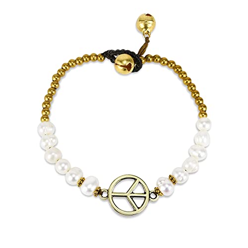 Aeravida Vintage Peace Sign With Cultured Freshwater Pearl Brass Beads Link Bracelet | Peace Sign Bracelet For Women | Vintage Pearl Bracelet For Women #TOP15