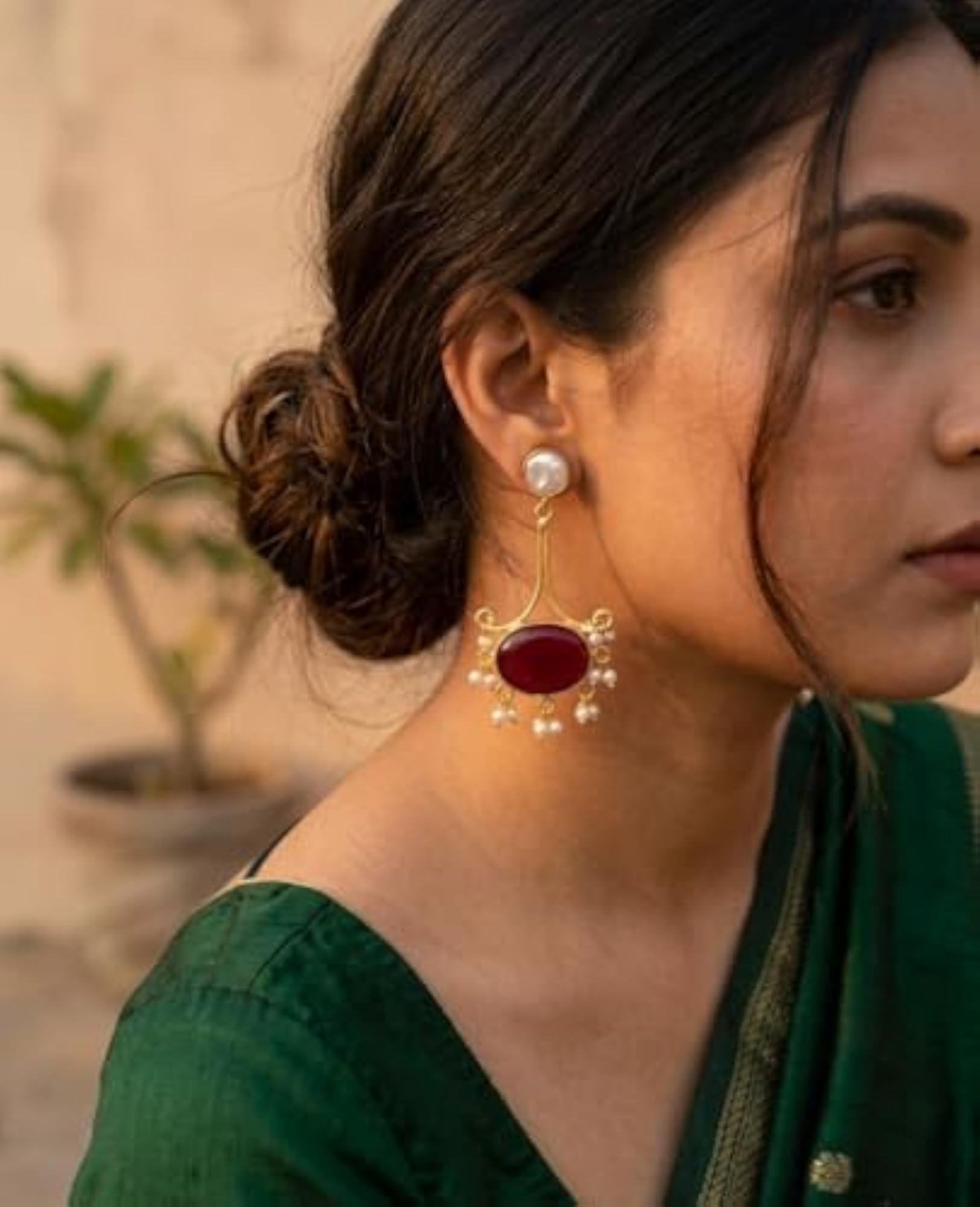 Gold Plated Maroon Stone Drop Earrings, Elegant Jhumka