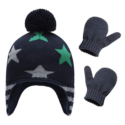 DCUTERQ Baby Winter Mittens Gloves Beanie Hat Set Kids Toddler Pompom Knit Caps Warm Fleece Lined Earflaps Hats for Boy Girl Star Dark Blue Green 4-5T