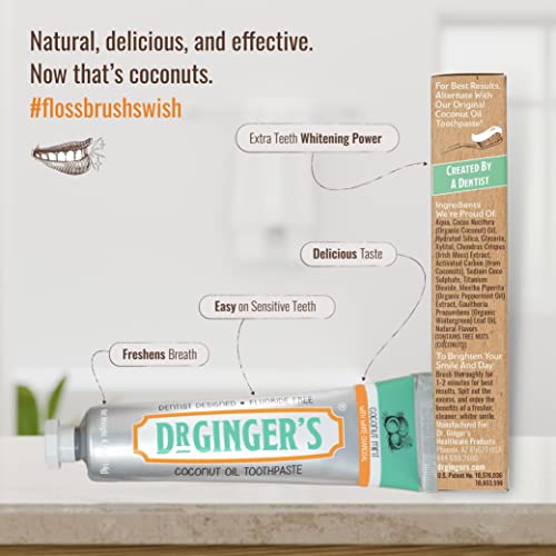 Dr. Ginger's Coconut Oil Toothpaste With White Activated Charcoal, All-Natural Whitening Brightening Power, Enamel-Safe, Reduces Plaque & Gum Sensitivity, Fluoride-Free, Coconut Mint Flavor, 4Oz, 2Ct #TOP5