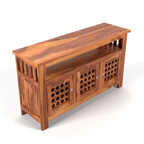 Image of Solid Sheesham Wood Wooden Cabinet Sideboard with 6 Shelves and 3-Door Storage Cabinet for Your Living Room Bedroom Storage (Liam, Honey Finish)