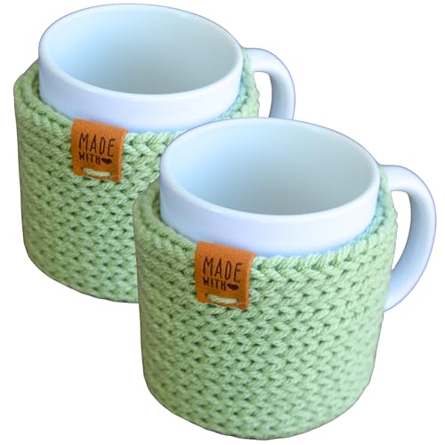 Mug Cozy with Coaster – Handmade Cup Cozies for Hot Drinks – Fits 11 oz Coffee Mugs – Stocking Stuffers for Women (2-Pack Sage)