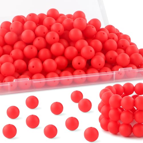 HHCFAST 150Pcs 15mm Silicone Beads for Keychain Making Bracelet Necklace, Bulk Round Silicone Beads for Pens（Scarlet Red）