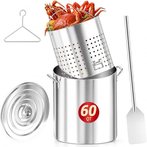60QT Seafood Boil Pot with Detachable Stirring Paddle Stainless Steel Stock Pot Crawfish Boiler with Basket Lid & Lifting Hook Perfect for Outdoor Crab Lobster & Shrimp Boils