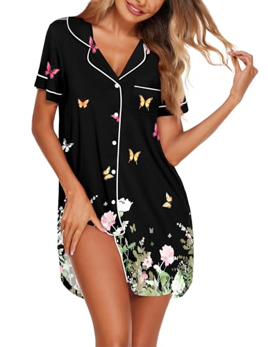 Image of Ekouaer Nightgowns for Women Button Down Sleepshirt Short Sleeve Nightshirt Boyfriend Pajamas V Neck Nightdress S-XXXL