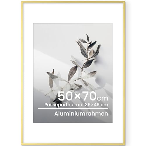 Bilderrahmen 50x70 cm Gold – Aluminium Fotorahmen für 50x70 cm Fotos ohne Passepartout oder 39x49 cm mit Passepartout – Metall Posterrahmen mit gehärtetem Glas für große Fotos Ausstellungen Kunstwerke