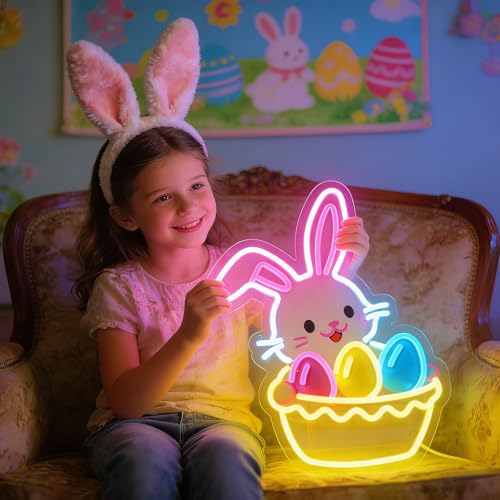 Image of Easter Egg Basket Neon Sign with Bunny - Rabbit Holding Basket Wall Decor, 10-Level Dimmable LED Light, USB Powered Easter Basket Stuffers Gift, 15.7 inchx12.6 inch