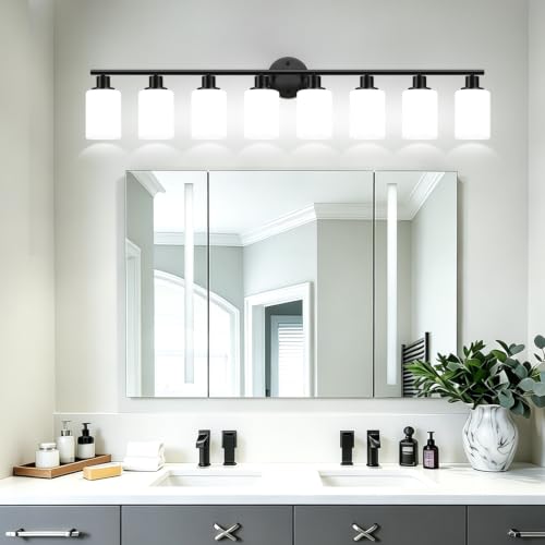 Image of Zarbitta 8-Light Bathroom Light Fixtures, Black Modern Vanity Lights with Milky White Frosted Glass Shades, Bathroom Wall Lamp for Mirror, Living Room, Hallway, Kitchen, Cabinet, Porch