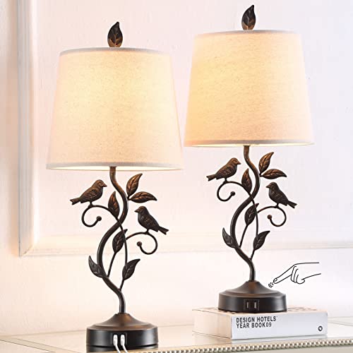 Set Of 2 Touch Control Living Room Table Lamps With 2 Usb Ports, Vintage Nightstand Lamp, 3-Way Dimmable Desk Lamp With Cream Shade, Rustic Iron Leaf Lamp For Bedroom Office, Led Bulb Included #TOP1