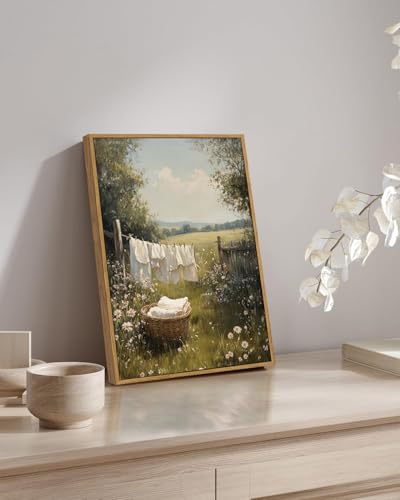 Image of KISSFOX Vintage Framed Wall Art For Laundry Room Decor Country Landscape Pictures Wall Decor Rustic Summer Wildflower Canvas Art Prints Modern Farmhouse Paintings Artwork