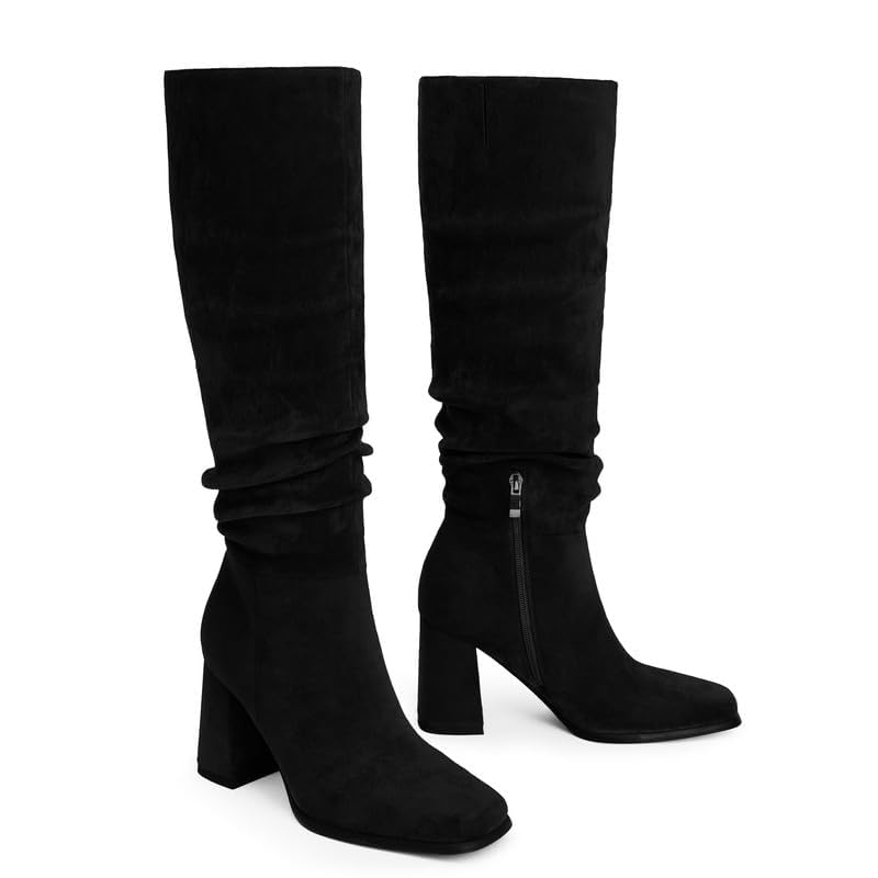 Image of Modatope Knee High Boots Women Chunky Heel Square Toe Fashion Tall Boots | Side Zipper pu Leather Tall Boots,Chunky Heel 70s Gogo Boots,Fashion Heeled Fall Winter Boots,Long Dressy Boots for Women