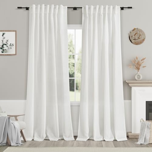 Extra Long White Linen Curtains 102 Inches Long 2 Panels Set for Living Room Back Tab Modern Farmhouse Decor Cotton Textured White Sheer Linen Curtain 102 Inch Length for Large Window 70x102