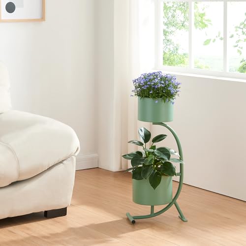 [en.casa] Soporte para Plantas en Forma de C Estantería de Pie con 2 Maceteros Incluidos para Flores Organizador de Macetas para Oficina Portamacetas Metal 63x29x21cm - Verde