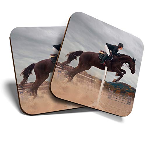 Great Coasters Set of 2 SquareGlossy Quality CoastersTabletop Protection for Any Table Type - Fun Equestrian Horse Jumping 3259