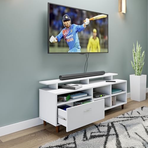 Image of VIKI Modern TV Unit for Living Room | Engineered Wood TV Cabinet with 1 Drawer Storage, 2 Open Shelves & Extension, Entertainment Unit, 140W x 48H x 40D cm | DIY | 1 Year Warranty (White)