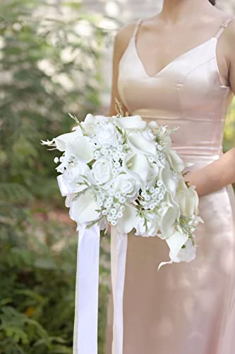 Insunsix Bride Bouquets For Wedding,11 Inch Calla Lily Bouquet For Bride Wedding Silk Flowers Wedding Bouquet For Ceremony Anniversary Wedding Bridal Shower(Natural Whites) #TOP4