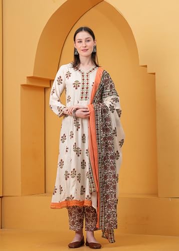 Image of Women's Indigo Blue Printed Anarkali Kurta with Palazzo Set, Long Sleeve V-Neck Ethnic Wear (IN, Alpha, S, Regular, Peach)