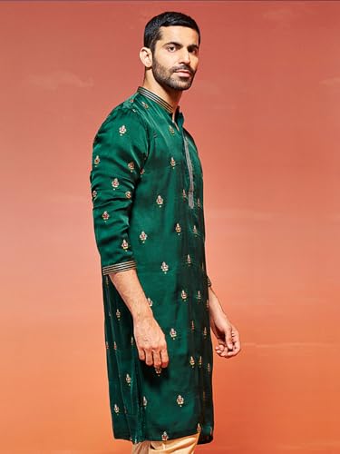 Image of VASTRAMAY VM Mens Silk Blend Kurta - Timeless Elegance for Festivals & Events | Banarasi Cotton with Silk Dobby Jacquard Mandarin Collar Full Sleeves Kurta with a Contrast Piping