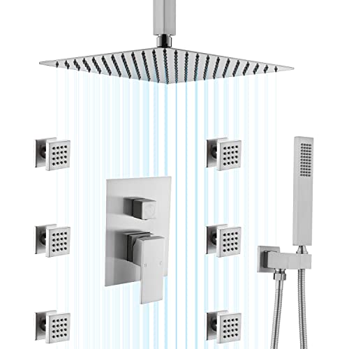 Crazy Clearance Enga Shower Body Spray System Brushed Nickel Bathroom Faucet Complete Kit, 12Inch Rain Shower Head with Jets and Handheld Shower Mixer Combo Set