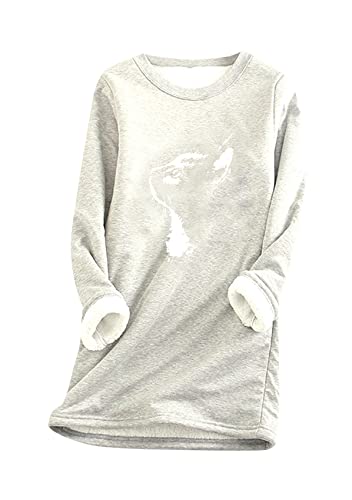 YMING Women Plus Size Fleece Lined Sweatshirts Tops Teen Girls Crew Neck Soft Loungewear Light grey XS