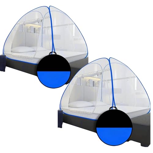 Image of King Size Foldable Mosquito net for Double Queen Bed | Pack of 2 | 30 GSM Polyester Fabric | Corrosion Resistant Steel Frame | Foldable Tent Style machardani with Dual Zipper | Blue