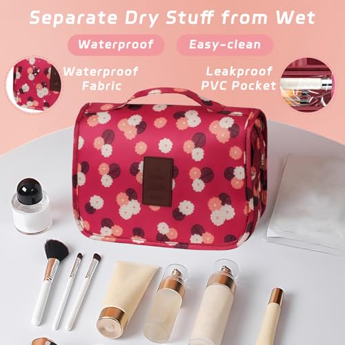 Image of Toiletry Bag Travel Bag with Hanging Hook,Wine Red FLower | Waterproof Small Capacity Hanging Makeup Bag for Toiletries, Portable Cosmetic Bag Travel Organizer for Women Men