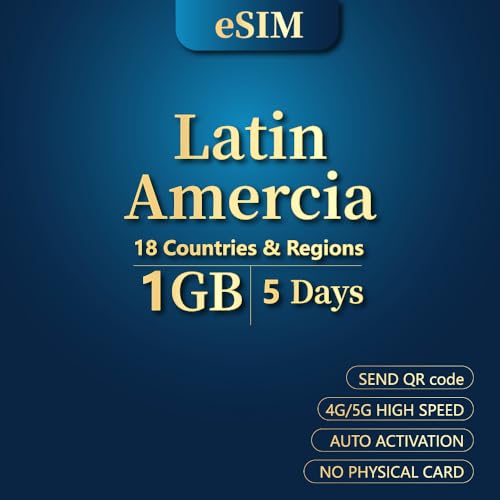 LATAM Prepaid Travel eSIM Card, 1GB 5 Days 16 Countries Brazil, Chile,Colombia,Costa Rica, Ecuador,Mexico,Peru, Uruguay, Puerto Rico