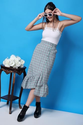 Image of POPWINGS Casual Check Print Long Flare Skirt for Women | Cotton Skirt for Women Skirt for Women