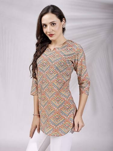 Shienzy Women's Rayon Checkered Regular Kurta Top (Shz1453_Peach_Xl)