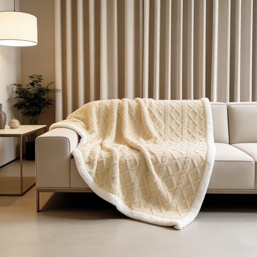 YYTCOZYY Cable Knit Sherpa Blanket – Reversible Soft Plush Throw Blanket for Couch Bed Sofa, Cozy Warm Fleece Blanket for All Seasons (Beige, 60"x80")