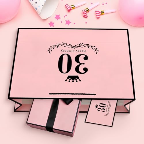 Image of JMANNI 30th Birthday Gift Bag, Pink with Black Satin Bow & Crown Design, Medium Happy 30th Birthday Present Bag for Party Favors, Size 12.60 inchx8.66 inchx4.33 inch