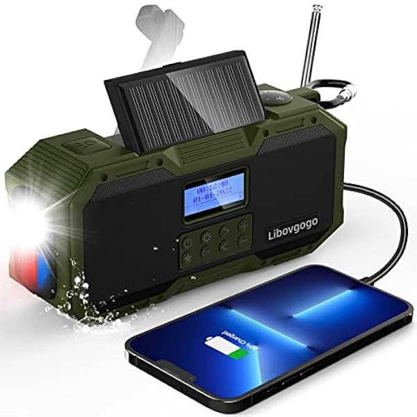 DAB, radio di emergenza, altoparlante Bluetooth impermeabile, radio FM portatile con torcia, lampada da lettura, manovella radio da campeggio con pannello solare, caricatore per cellulare da 4000 mAh