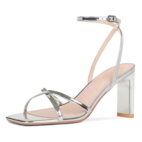 FIFSY Women's Sandals Ankle Strap High Heel Sexy Strappy Sandals Open Toe Heels 3 in Inch Square Toe Heeled Pumps Sandals for Women