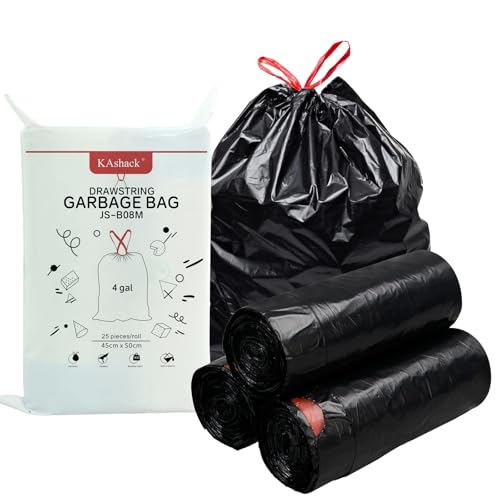Kashack Bolsas de basura de 15 l, 10 rollos, 250 unidades, con cordón negro, para baño, cocina, dormitorio, oficina, 4 galones, resistente a desgarros, embalaje rápido