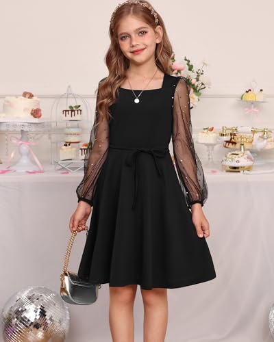 GRACE KARIN Girls Long Sleeve Dress Party Formal Contrast Mesh Puff High Waist Tie Square Neck 6-12 Years4