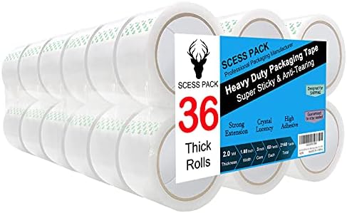 SCESSPACK Clear Packing Tape 36 Rolls, Packing Tape Refills for Shipping Packaging Moving Sealing,1.88 Inch x 60 yd Per Roll,Total 2160 Yards (36 Rolls)