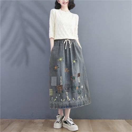Funny Embroidered Midi Denim Skirt for Women Elastic High Waist Casual Loose A-line Skirts with Side Pockets3