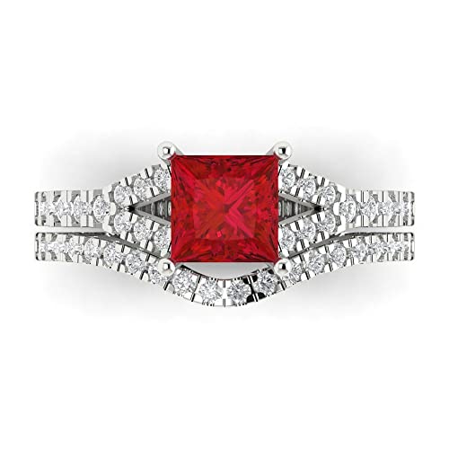 Clara Pucci 3.36 ct Princess Cut Created Ruby 14k White Gold Solitaire with Accents Wedding Bridal Engagement Promise Ring Band Set
